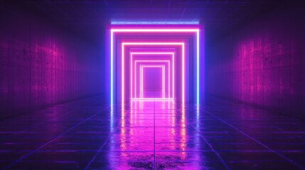 neon-lit concentric square tunnel in a dark reflective corridor with purple and blue glowing frames, futuristic surreal and immersive mood