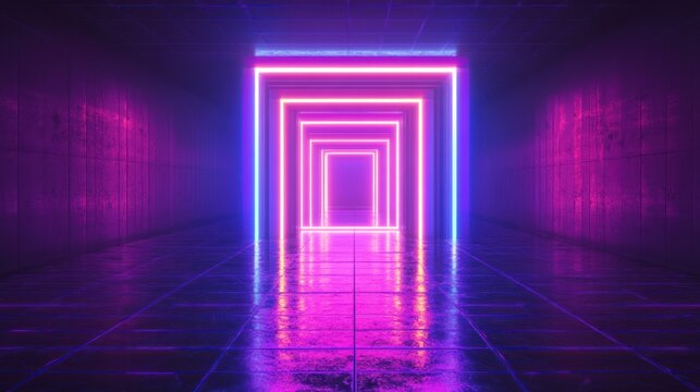 neon-lit concentric square tunnel in a dark reflective corridor with purple and blue glowing frames, futuristic surreal and immersive mood