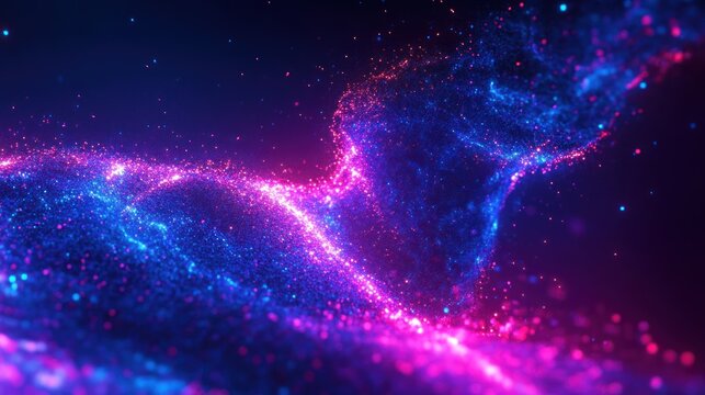 Glowing pink and blue particle wave forming an ethereal cosmic nebula, dreamy and futuristic energy field