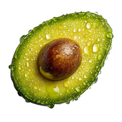 Fresh ripe avocado half with pit, covered in refreshing water isolated on transparent background