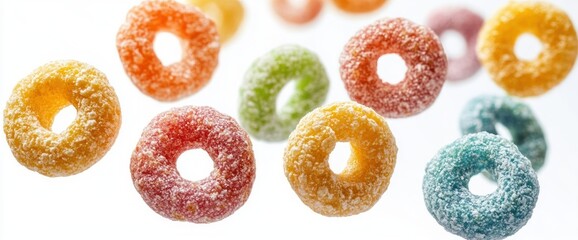 Colorful sugar-coated ring candies floating against a bright white background, playful and whimsical