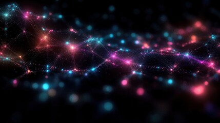 Glowing interconnected particle network of neon pink and blue nodes and lines across a dark field, creating a dynamic, futuristic, and wondrous flowing wave of light