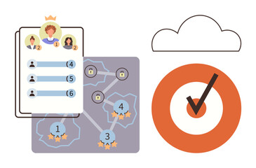 Leaderboard with avatars, task progress map with locked nodes, stars and check-mark inside target. Ideal for goal setting, gamification, team collaboration, productivity, achievements, project