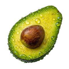 Freshly cut avocado half with seed and glistening water drops isolated on transparent background