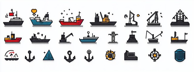 Playful nautical icon set showing colorful ships and boats, cargo vessels, offshore oil rigs and platforms, anchors, buoys, lifebuoy and ship wheel conveying a cheerful maritime theme © Margarita