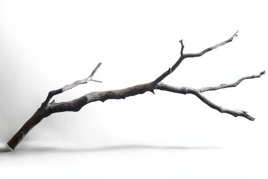 gnarled dry tree branch lying on a white surface with a soft shadow, evoking quiet solitude and minimalist calm