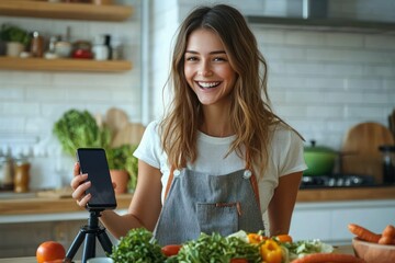 woman in apron in a bright home kitchen holding a smartphone on a small tripod beside fresh vegetables, calm and focused while preparing to film a cooking demo