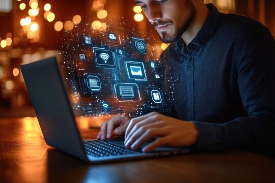 Focused person typing on laptop with glowing holographic data and app icons floating above the keyboard in a warm bokeh-lit workspace