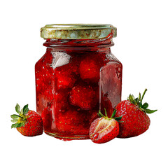 Sweet homemade strawberry jam in glass jar with fresh berries isolated on transparent background