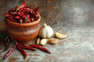 rustic still life of dried red chilies overflowing a clay pot with whole garlic bulb and scattered cloves on a textured tabletop, warm spicy and aromatic mood