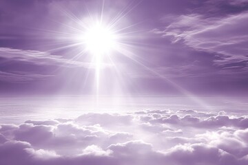 bright sun above white clouds with purple light rays in clear serene sky for fantasy and dreamy background design