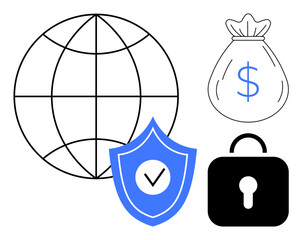 Globe, shield with checkmark, lock, and money bag illustrate worldwide security, online transactions, privacy, financial protection, internet safety global trade and trust. Clean flat metaphor