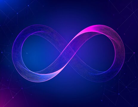 An abstract image features a swirling infinity symbol rendered in vibrant pink and blue gradients, set against a dark, cosmic background with subtle connected dots
