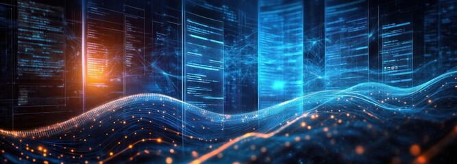 Futuristic data wave flowing past glowing server towers with streaming code, network lines and orange particle highlights, conveying high-energy digital connectivity