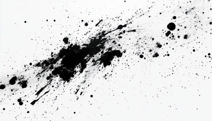 Fototapeta premium energetic diagonal black ink splatter and scattered droplets on white background conveying chaotic dynamic motion