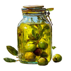 Fresh green olives in glass jar with olive oil, healthy food isolated on transparent background