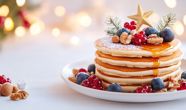 Stack of fluffy christmas pancakes topping with fresh berries, walnuts, maple syrup, and golden star on a white plate