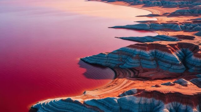 Aerial view of a surreal pink salt lake and colorful striped mountains at sunset. Unique geological formations creating an otherworldly beautiful natural landscape for travel