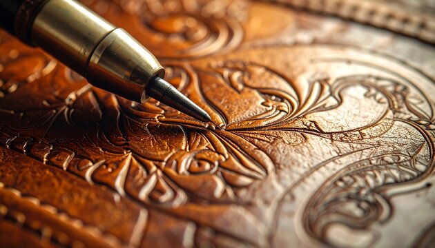 A close-up view features a mechanical pencil's tip poised above a deeply etched, intricate floral pattern on a leather surface