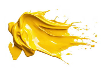 A splash of yellow paint dynamically flowing across a clean white surface. capturing the essence of creativity and artistic expression. ideal for design projects or art-related content