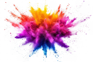 A explosion of colorful powders creating a dynamic visual display. set against a white background. ideal for creative projects and artistic expressions