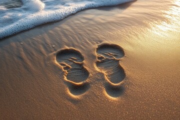 two footprints pressed in wet golden sand near a gentle foamy wave at sunset conveying peaceful intimate tranquility