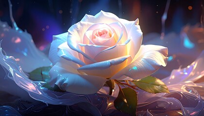 A luminous white rose, center glowing, blooms against soft, ethereal, and iridescent fluid-like shapes, in a dreamlike setting