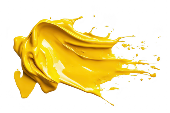 A splash of yellow paint dynamically flowing across a clean white surface. capturing the essence of creativity and artistic expression. ideal for design projects or art-related content