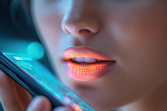 Close-up of a hand holding a glowing blue smartphone touchscreen with soft bokeh lighting conveying a calm focused futuristic mood
