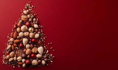 Nuts and small festive ornaments forming a traditional christmas tree shape, placed on a deep red background