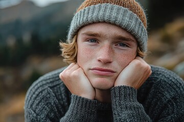 person in orange and gray knit beanie and gray sweater outdoors holding face with hands, autumn mountain backdrop, cozy contemplative mood