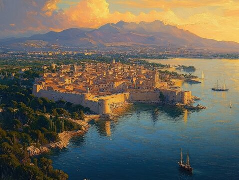 Sunlit medieval walled coastal town on a rocky peninsula at golden sunset with sailboats and distant mountains, serene and nostalgic atmosphere