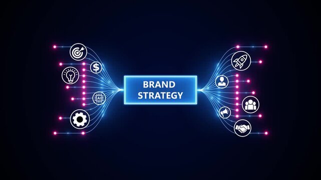 Brand strategy, marketing identity, and corporate business growth. Optimization of business and production processes. Virtual network connecting service with graphical icons in various.