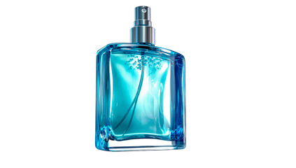 Refreshing turquoise fragrance bottle with sleek glass design isolated on transparent background