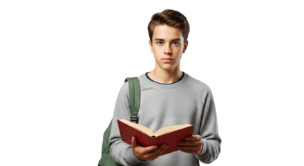 Teenage Boy Student Reading Book - Isolated Portrait with Backpack