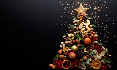 Creative holiday concept with a christmas tree outline formed by various nuts, dried fruits, and festive ornaments on a dark background