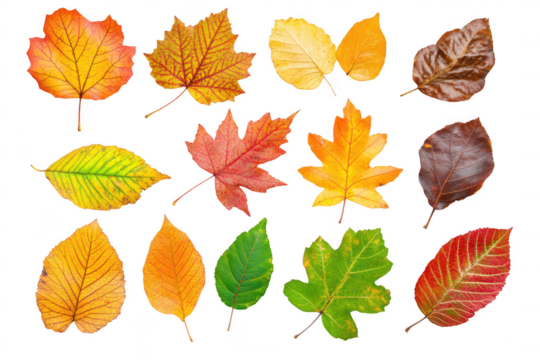 A collection of autumn leaves various colors and textures. arranged artistically on a white background. ideal for seasonal decorations or nature-themed projects