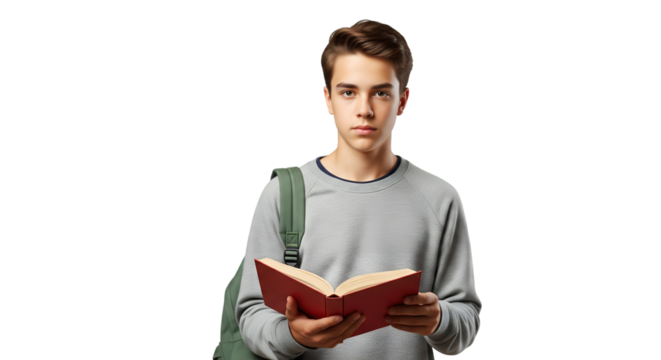 Teenage Boy Student Reading Book - Isolated Portrait with Backpack