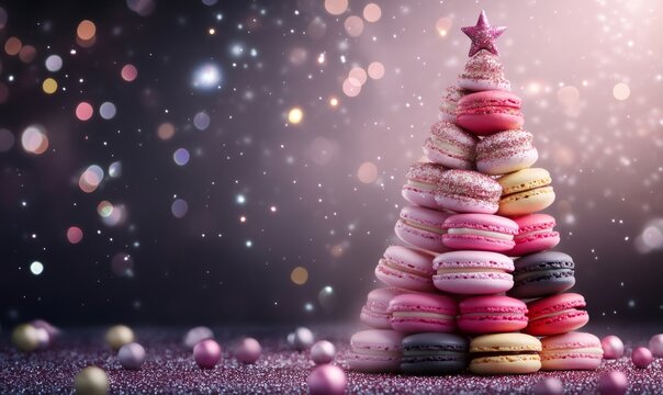 Macarons stacked in a christmas tree shape, sparkling with glitter and a star top, creating a sweet holiday dessert