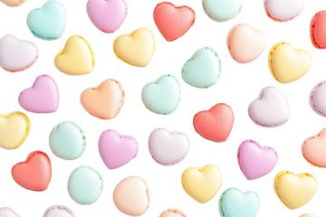 A and colorful assortment of heart-shaped macarons in pastel shades. arranged neatly on a white background. perfect for celebration themes or dessert displays