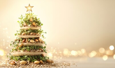 Creative christmas tree artfully arranged with crunchy wafers, fresh sprouts, nuts and seeds, topped with a star, on a glittering background