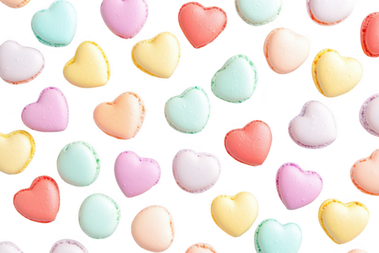 A and colorful assortment of heart-shaped macarons in pastel shades. arranged neatly on a white background. perfect for celebration themes or dessert displays