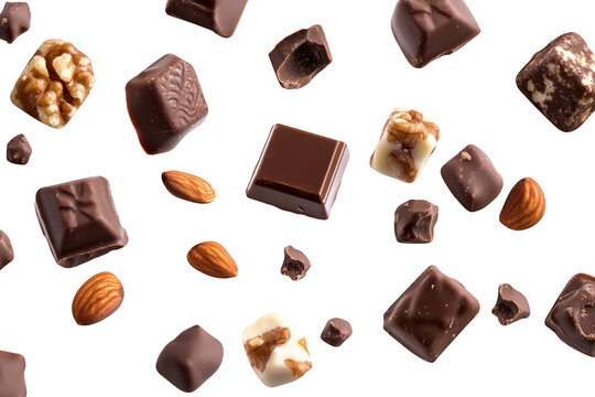A delightful assortment of various chocolate pieces. including milk chocolate. dark chocolate. and nutty clusters. artistically scattered against a clean white background. ideal for culinary promotion