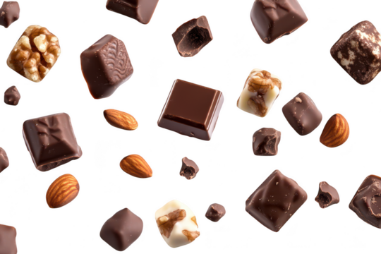 A delightful assortment of various chocolate pieces. including milk chocolate. dark chocolate. and nutty clusters. artistically scattered against a clean white background. ideal for culinary promotion