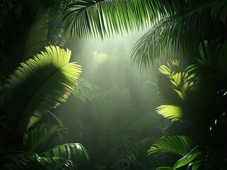 sunlit tropical jungle with large palm and banana leaves, dense green foliage and misty sunbeams creating a tranquil, mysterious, lush atmosphere