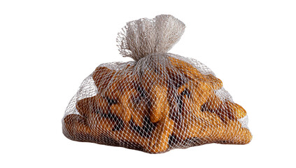 Crispy sweet potato fries in a mesh bag ready for snacking isolated on transparent background