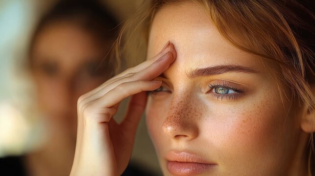 close-up portrait of a person with hand touching face, warm soft lighting, visible ear and flowing hair conveying a calm contemplative mood