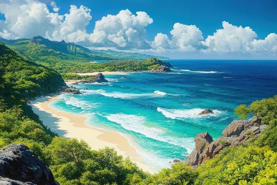 Turquoise waves washing a golden sandy beach framed by rocky cliffs and lush green hills under a bright blue sky with billowing white clouds, evoking serene tropical bliss