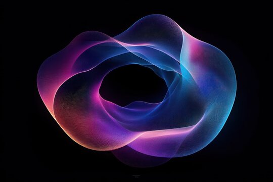 ethereal glowing mesh loop of flowing neon ribbons in blue, purple and pink on black background conveying serene futuristic motion