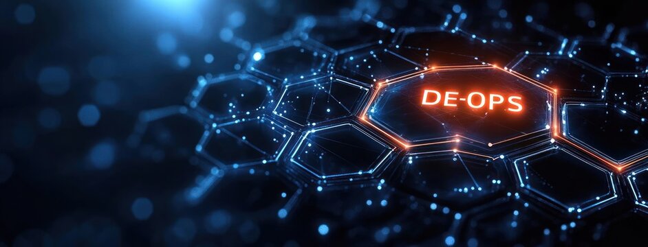 Futuristic glowing hexagonal network of connected circuitry, blue neon mesh with an orange highlighted hexagon bearing a bright label, tense high-tech mood